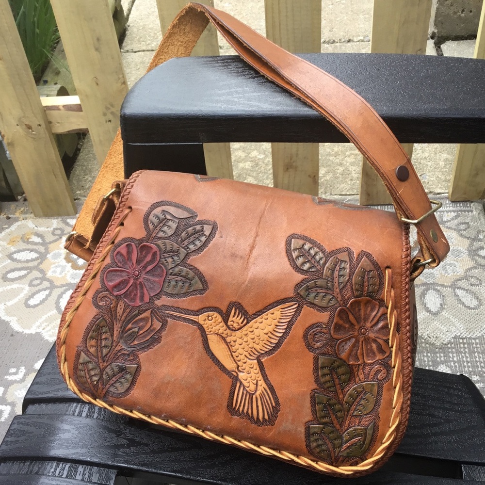 Handcrafted Brown Leather Hummingbird Crossbody Bag